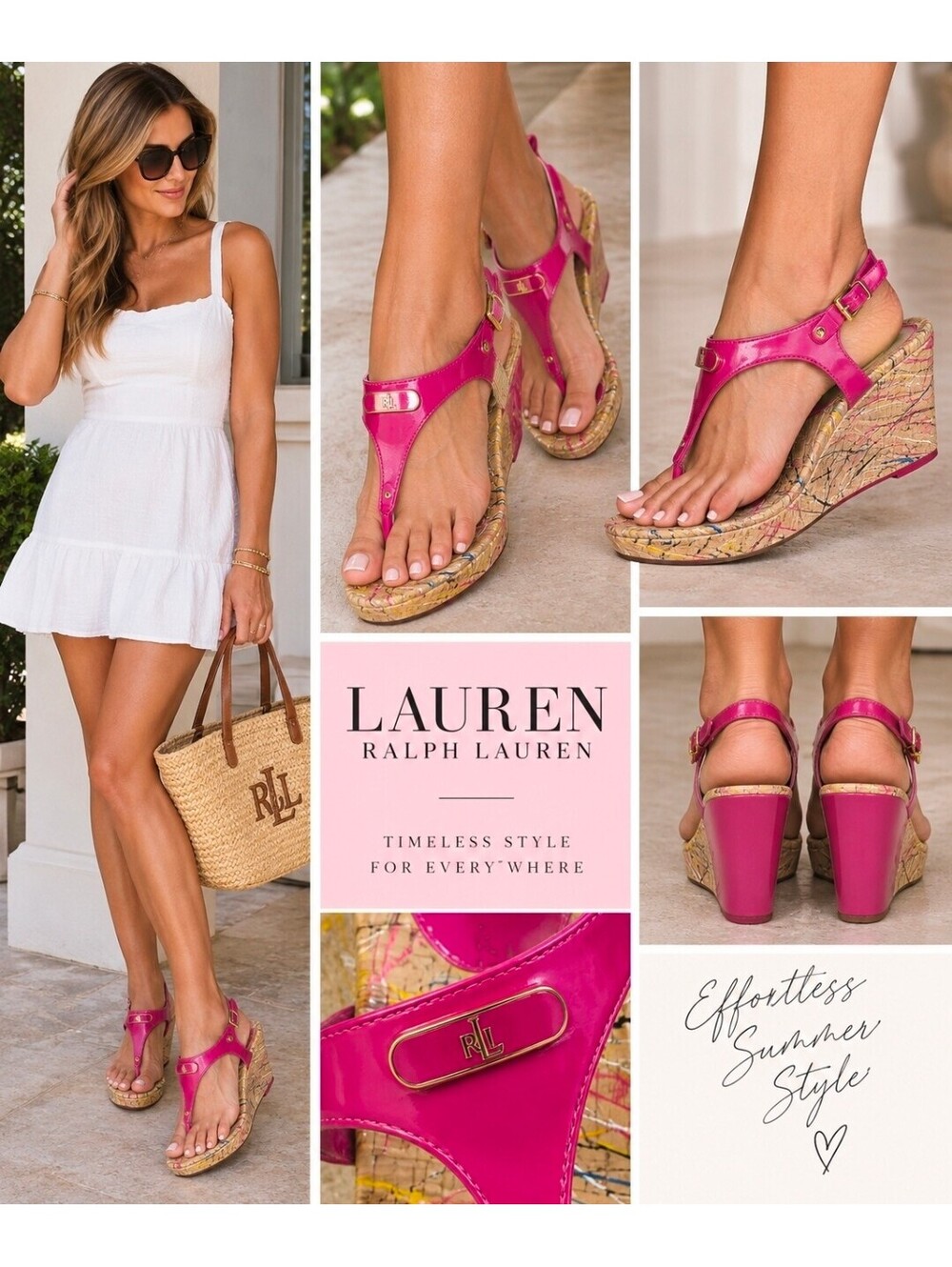 Lauren Ralph Lauren Pink Patent Cork Wedge T-Strap Sandals Gold Hardware